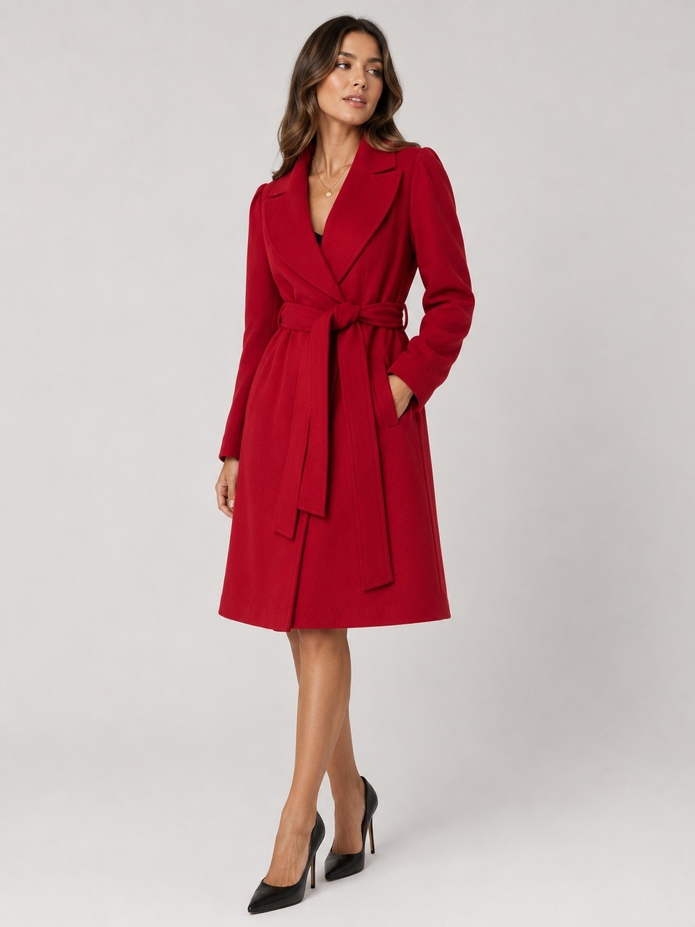 Red Wrap Belted Women's Dress Coat